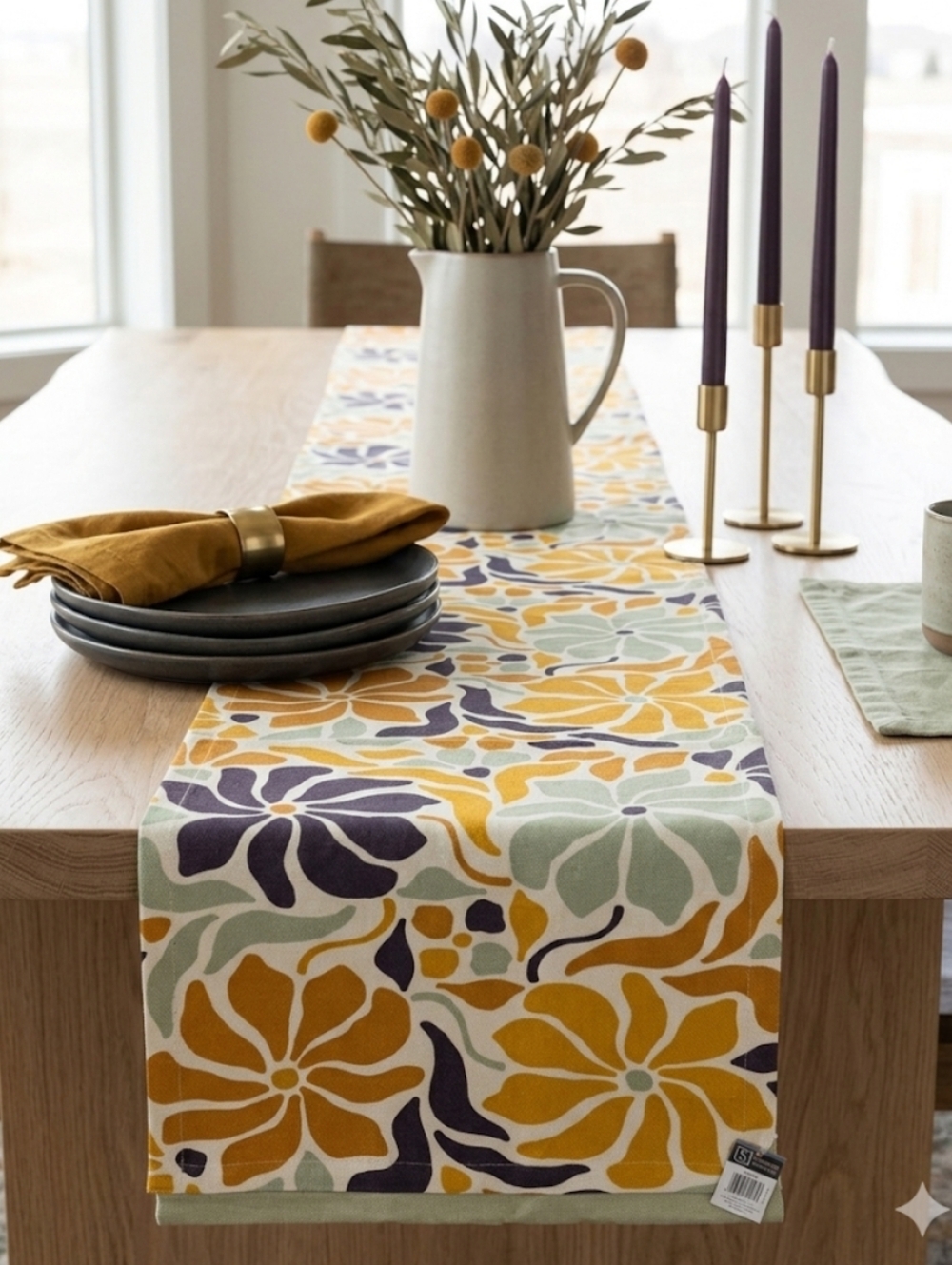 Sullivans Table Runner Retro Floral Mid Century Modern MCM Mustard Green NWT